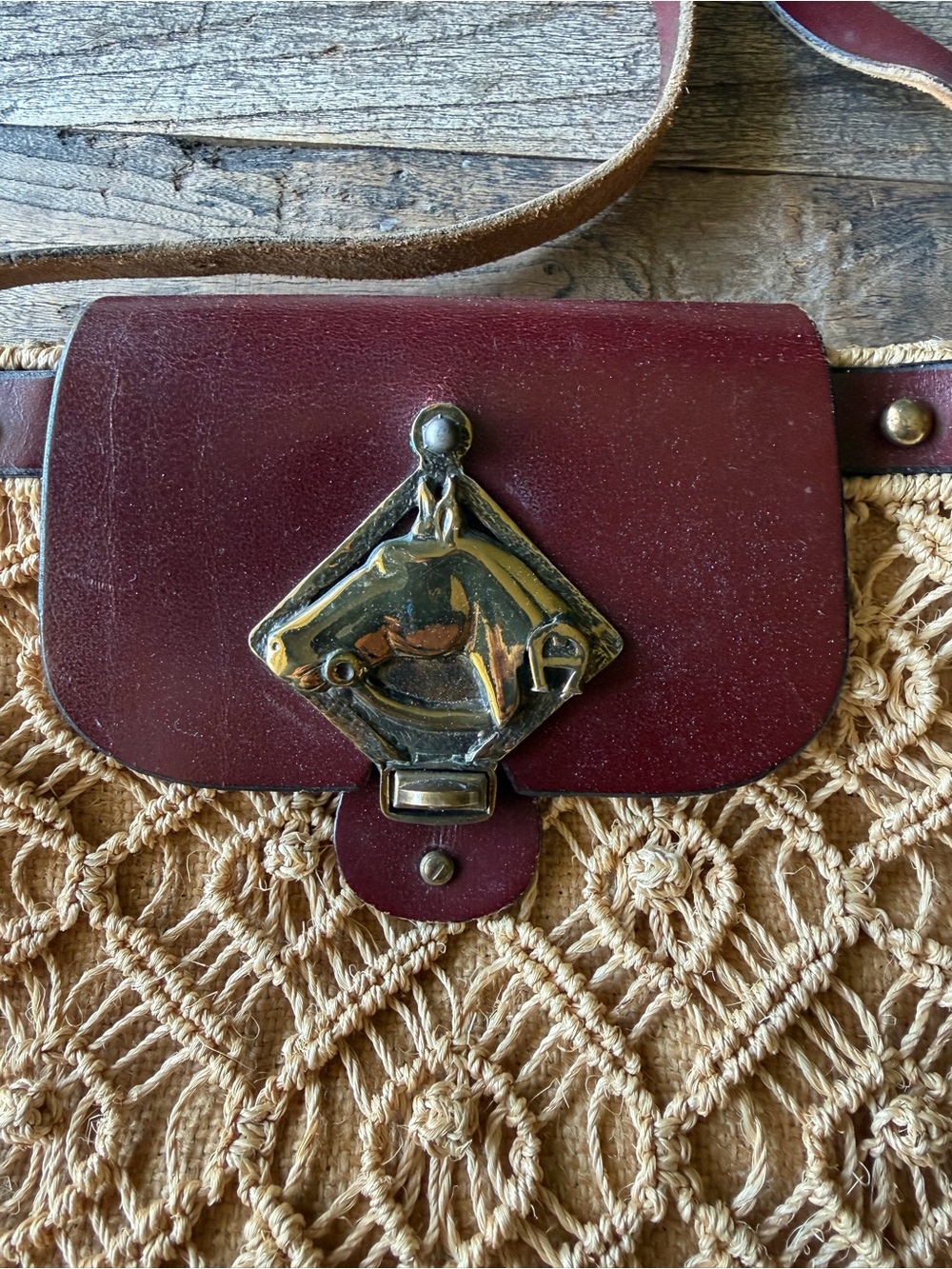 Woven Straw Crossbody Bag with Burgundy Leather Trim and a Brass Horse - Picture 2 of 8